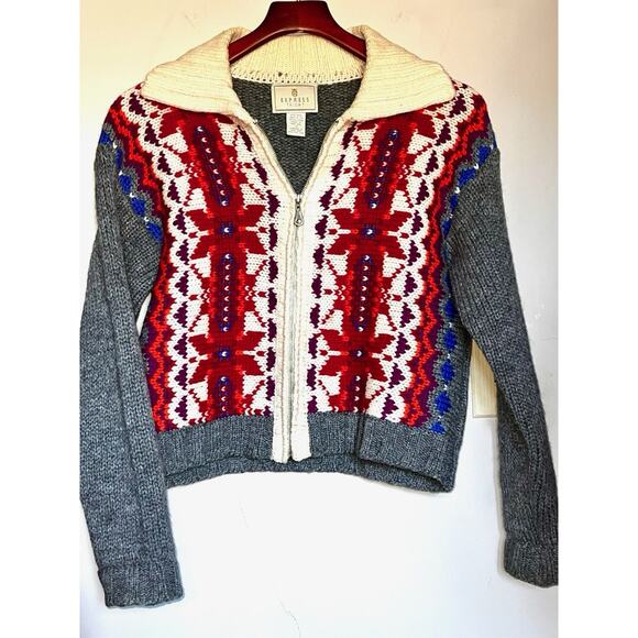 VINTAGE EXPRESS TRICOT ZIP CARDIGAN SWEATER GRAY MULTI NORDIC KNIT WOOL S SMALL - Picture 1 of 3